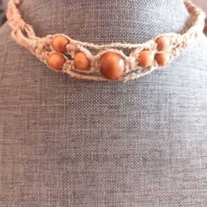 Handmade Macrame Hemp Choker Necklace w/ Boho Wood Beads - New Item (up to 19")
